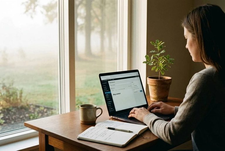 Photorealistic editorial lifestyle photograph of an organized home office workspace showing someone thoughtfully planning helpful website content. Open laptop with a clean, generic blog