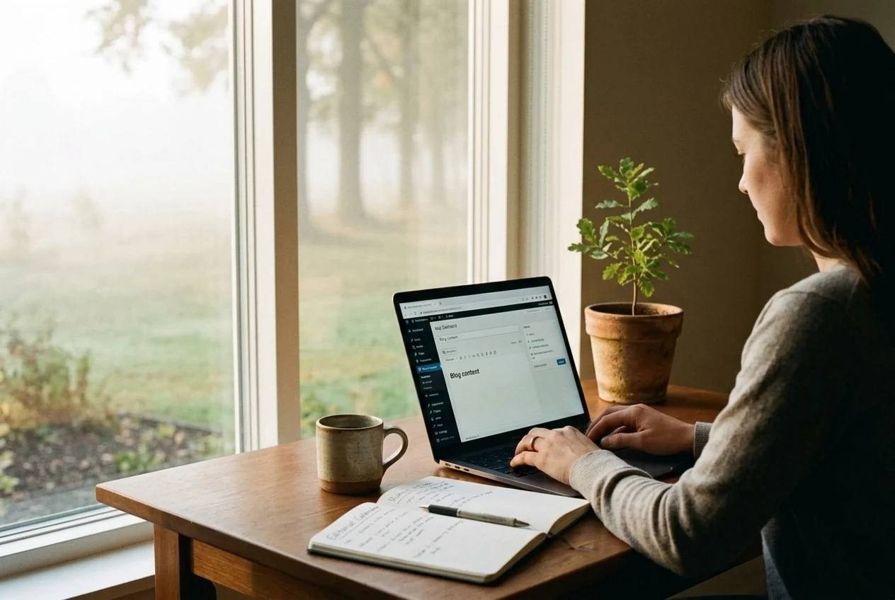 Photorealistic editorial lifestyle photograph of an organized home office workspace showing someone thoughtfully planning helpful website content. Open laptop with a clean, generic blog