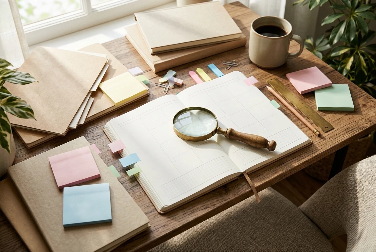 Photorealistic editorial photograph of a magnifying glass resting on a notebook filled with blank planning pages, surrounded by a few neatly arranged research materials, pencil, coffee mug, and colorful blank sticky notes. Subtle visual metaphor for investigating an idea and checking whether there i