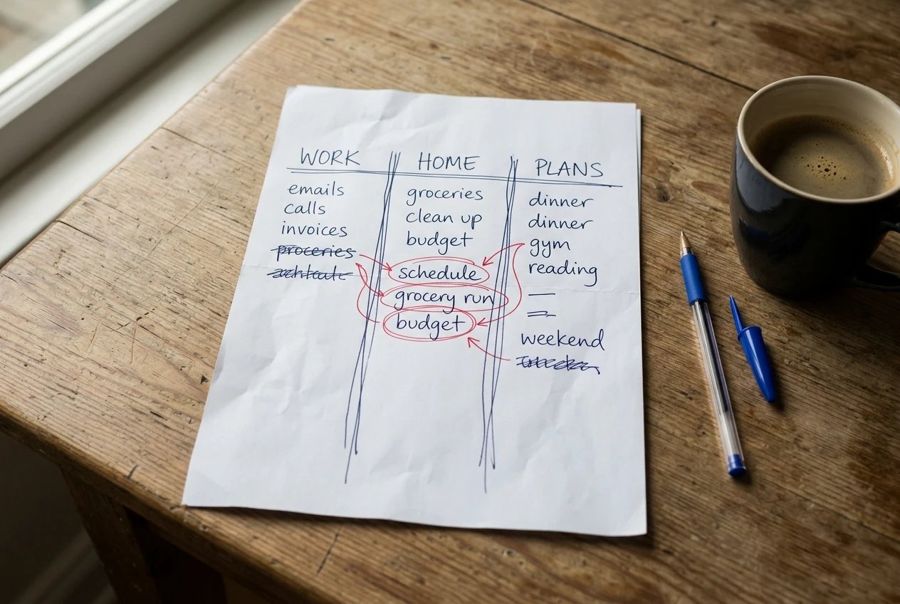 A sheet of paper divided into three hand-drawn columns, with handwritten words in each and a few circled in red where the columns overlap, lying on a kitchen table next to a pen and a cup of coffee in soft daylight.
