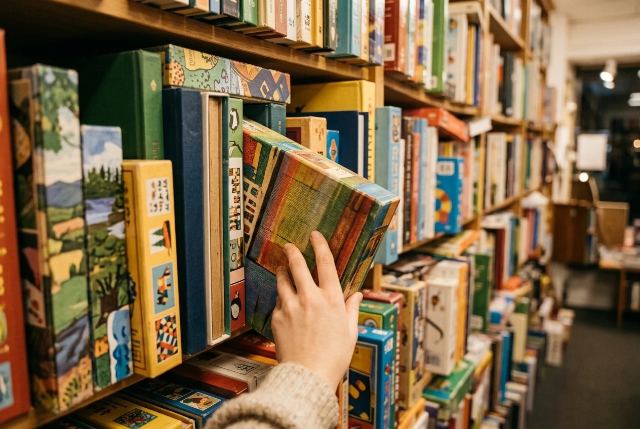A shopper's-eye view down a bookshop shelf crowded with many different hobby books and boxed kits in varied colours, with a hand pulling one off the shelf, warm store lighting.