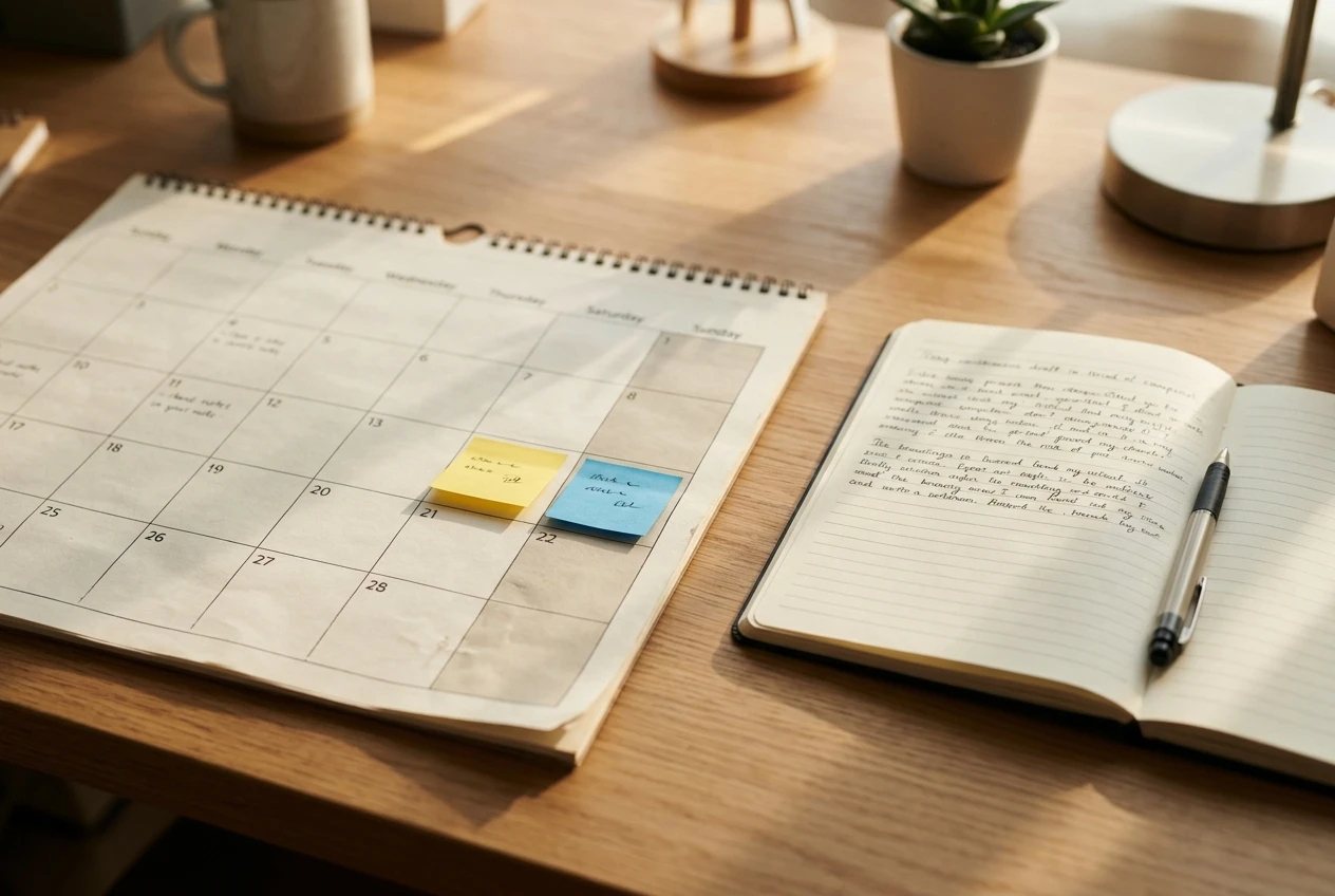A paper wall calendar page showing a weekend with Saturday and Sunday blocks marked by sticky notes in yellow and blue, beside a notebook with a half-written draft and a pen, on a tidy home desk in afternoon light.