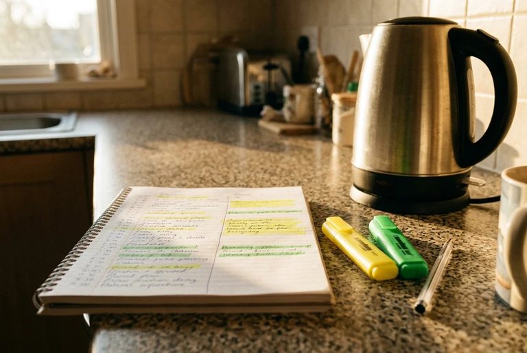 A paper notebook open on a kitchen counter next to an electric kettle, its page ruled into half-hour rows filled with handwritten notes and a few highlighted blocks in yellow and g